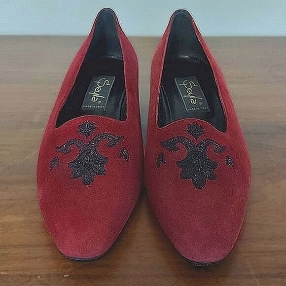Vtg burgundy Italian suede embroidered loafers | narrow EU 35 - Picture 6 of 12